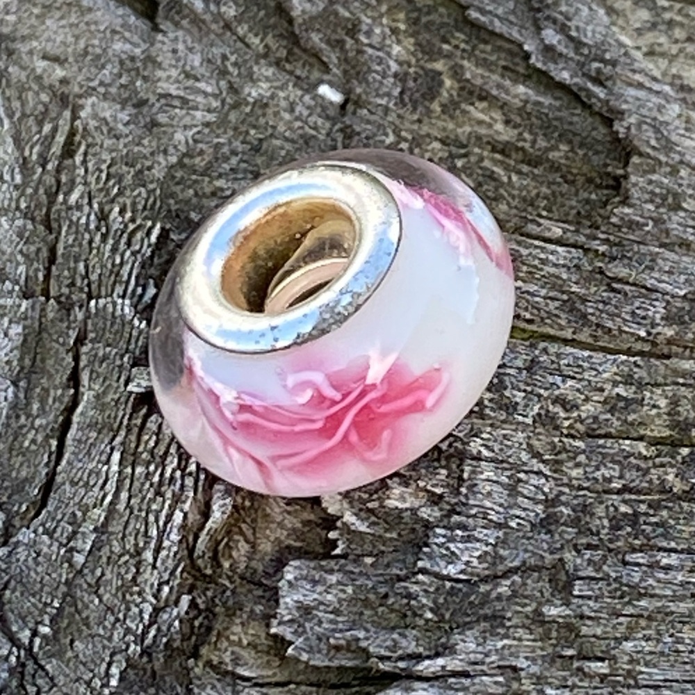 Blown glass charm bead pink flower on white silver plated bead